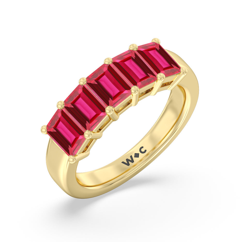 Five Stone Created Ruby Emerald Cut Anniversary Ring with 14KT Yellow Gold Cut Diamond in 14KT Yellow Gold view 2
