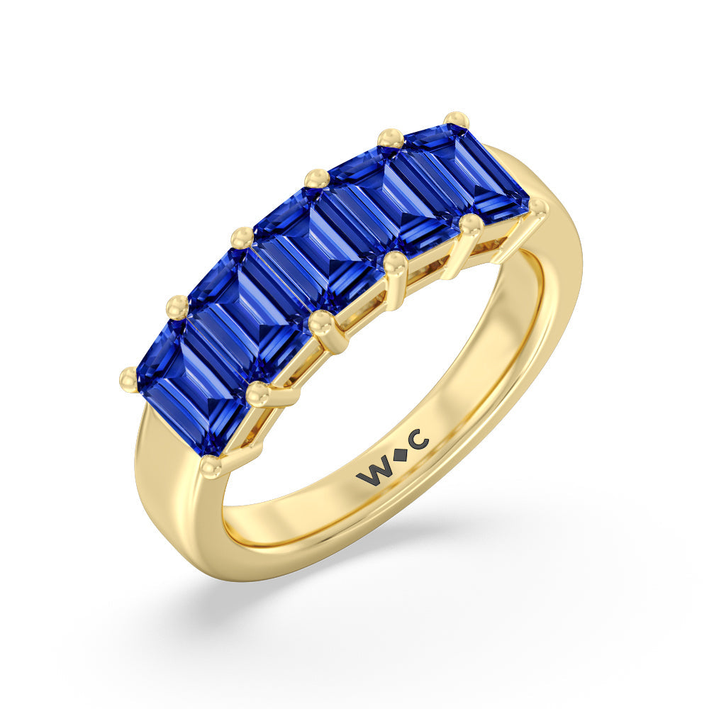 Five Stone Created Sapphire Emerald Cut Anniversary Ring with 14KT Yellow Gold Cut Diamond in 14KT Yellow Gold view 2
