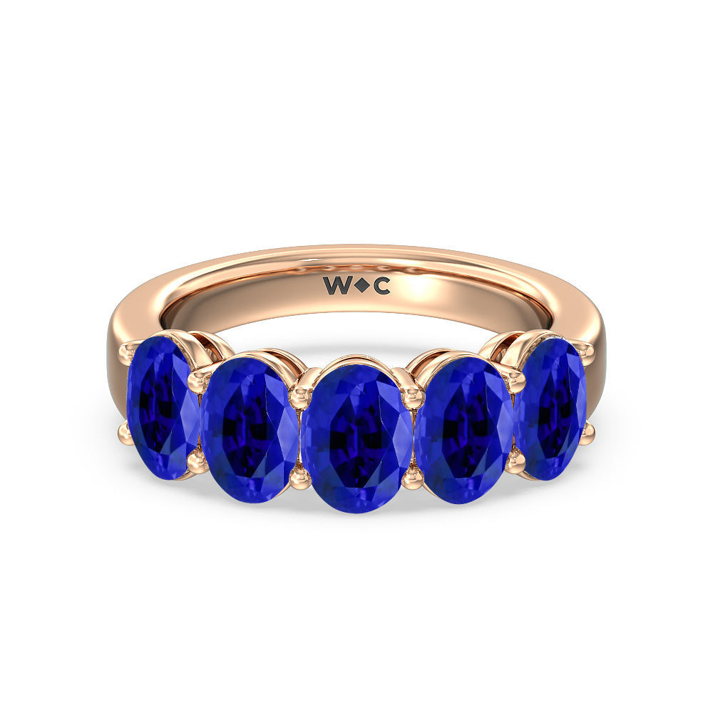 Five Stone Created Sapphire Oval Anniversary Ring with 14KT Rose Gold Cut Diamond in 14KT Rose Gold view 1

