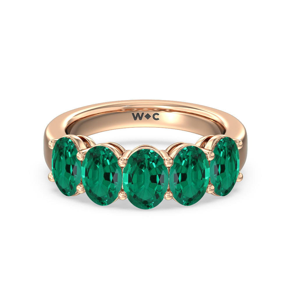Five Stone Created Emerald Oval Shape Anniversary Ring with 14KT Rose Gold Cut Diamond in 14KT Rose Gold view 1
