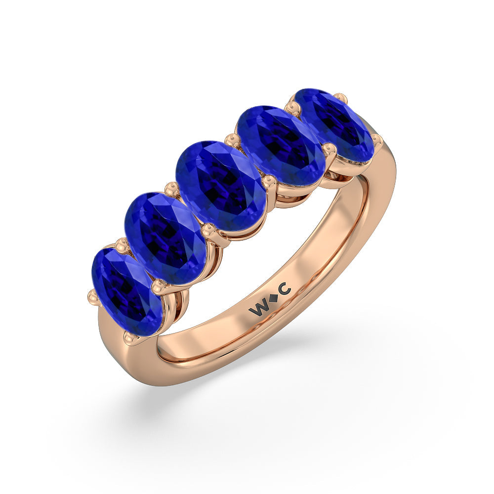 Five Stone Created Sapphire Oval Anniversary Ring with 14KT Rose Gold Cut Diamond in 14KT Rose Gold view 2
