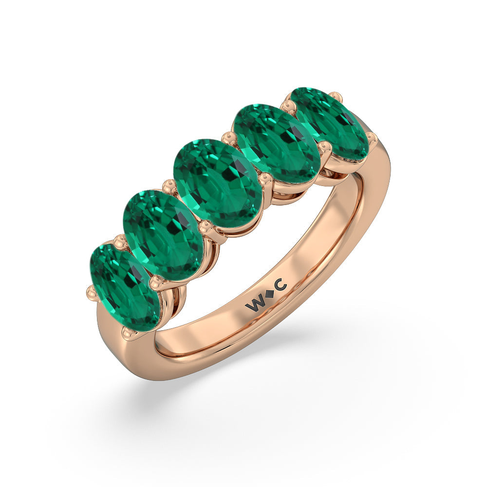 Five Stone Created Emerald Oval Shape Anniversary Ring with 14KT Rose Gold Cut Diamond in 14KT Rose Gold view 2
