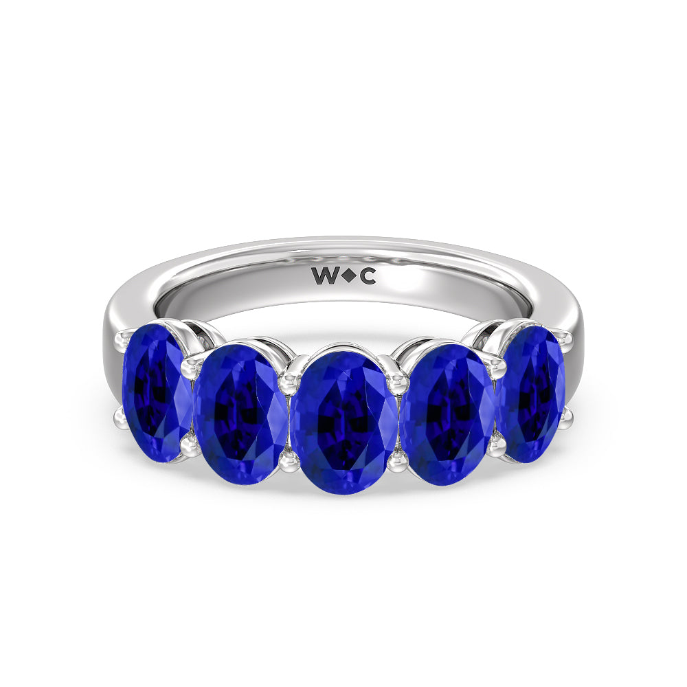 Five Stone Created Sapphire Oval Anniversary Ring with 14KT White Gold Cut Diamond in 14KT White Gold view 1
