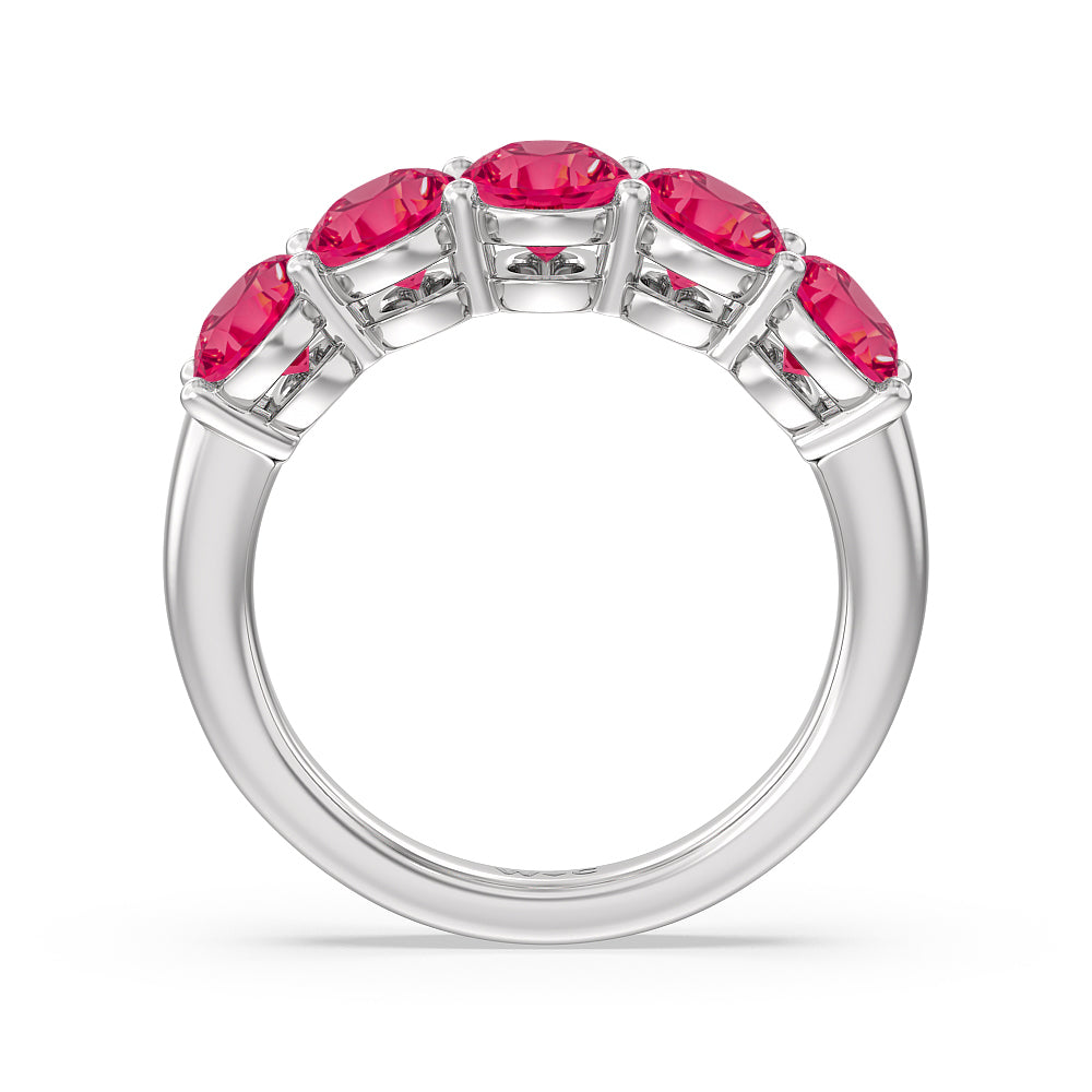 Five Stone Created Ruby Oval Anniversary Ring with 14KT White Gold Cut Diamond in 14KT White Gold view 3
