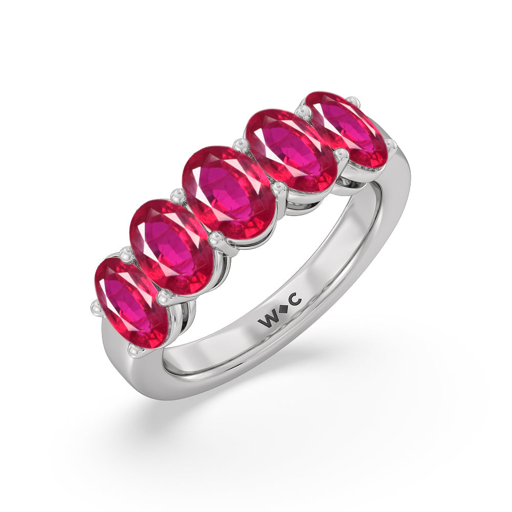 Five Stone Created Ruby Oval Anniversary Ring with 14KT White Gold Cut Diamond in 14KT White Gold view 2
