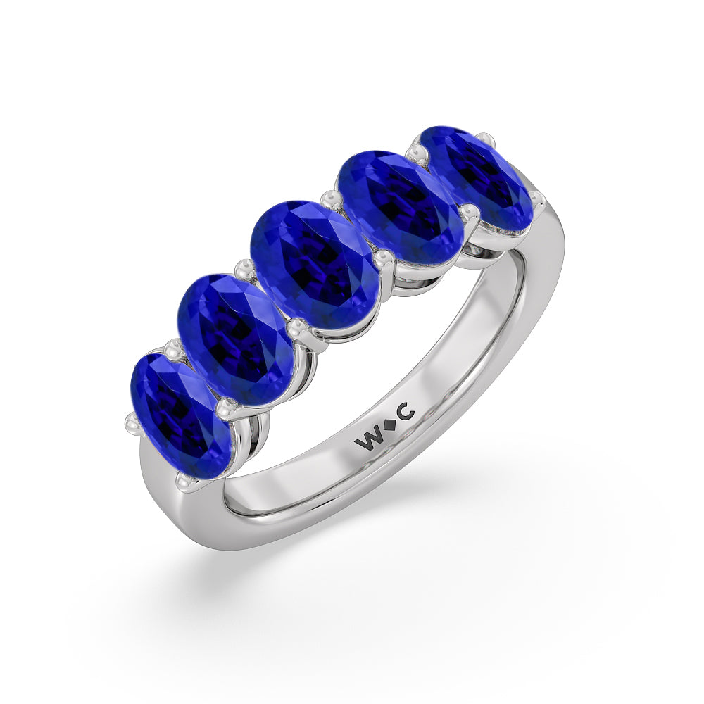 Five Stone Created Sapphire Oval Anniversary Ring with 14KT White Gold Cut Diamond in 14KT White Gold view 2
