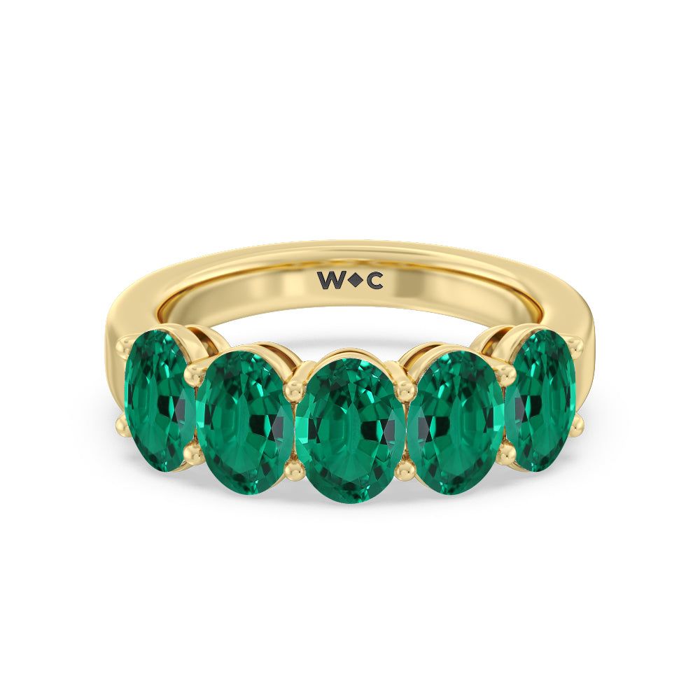 Five Stone Created Emerald Oval Shape Anniversary Ring with 14KT Yellow Gold Cut Diamond in 14KT Yellow Gold view 1
