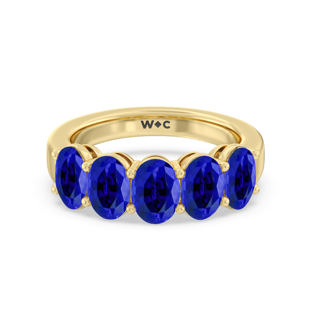 Five Stone Created Sapphire Oval Anniversary Ring with 14KT Yellow Gold Cut Diamond in 14KT Yellow Gold view 1
