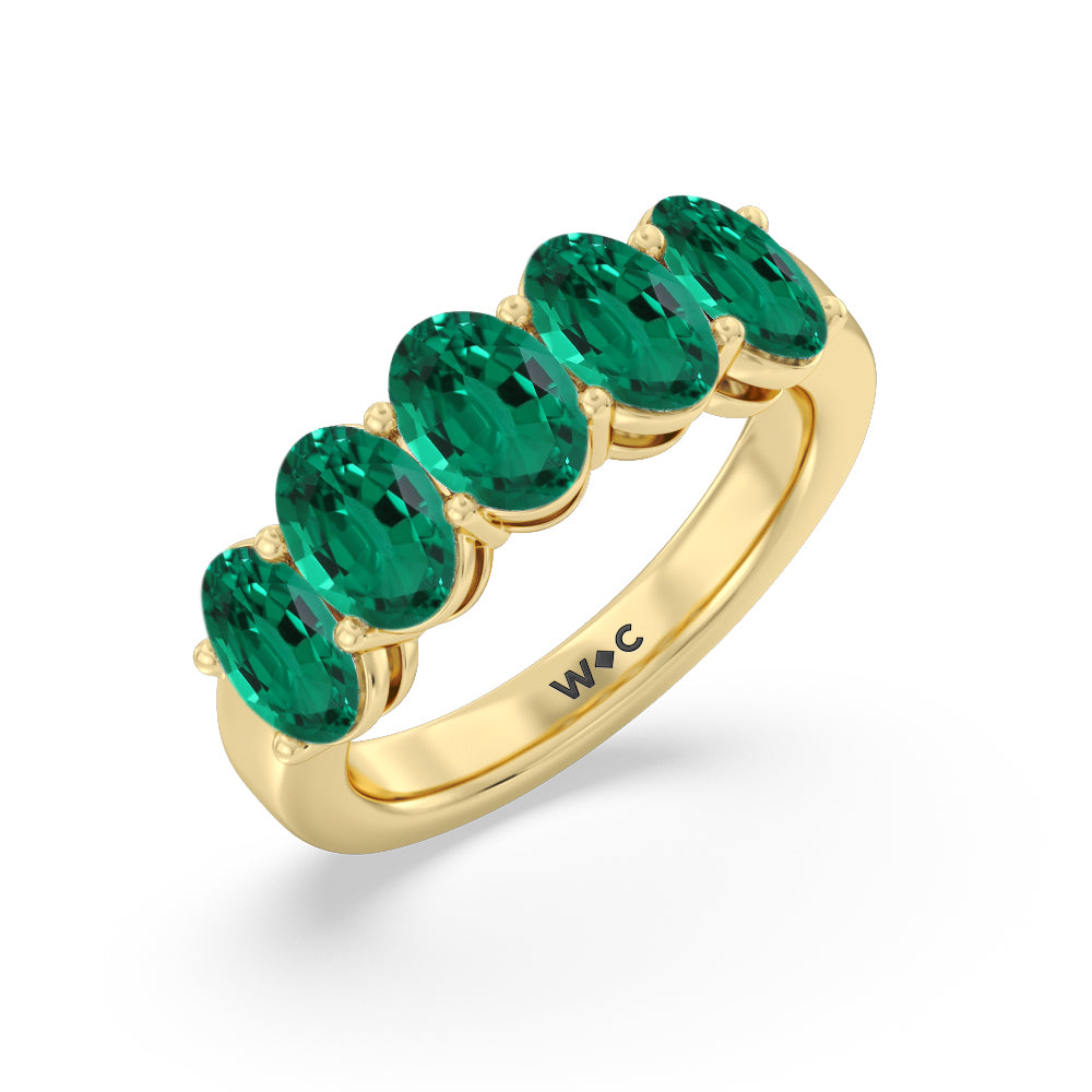 Five Stone Created Emerald Oval Shape Anniversary Ring with 14KT Yellow Gold Cut Diamond in 14KT Yellow Gold view 2
