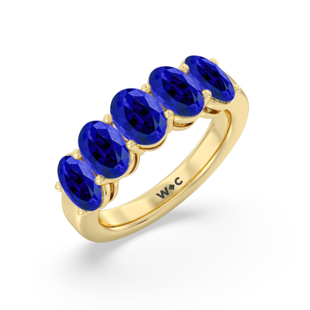 Five Stone Created Sapphire Oval Anniversary Ring with 14KT Yellow Gold Cut Diamond in 14KT Yellow Gold view 2
