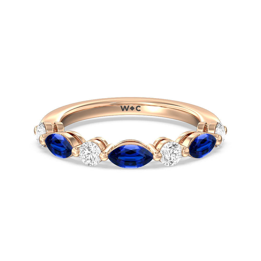 Alternating Created Sapphire Marquise and Round Diamond Anniversary Ring with 14KT Rose Gold Cut Diamond in 14KT Rose Gold view 1
