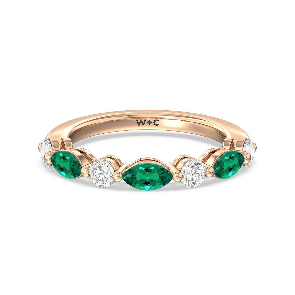 Alternating Created Emerald Marquise and Round Diamond Anniversary Ring with 14KT Rose Gold Cut Diamond in 14KT Rose Gold view 1
