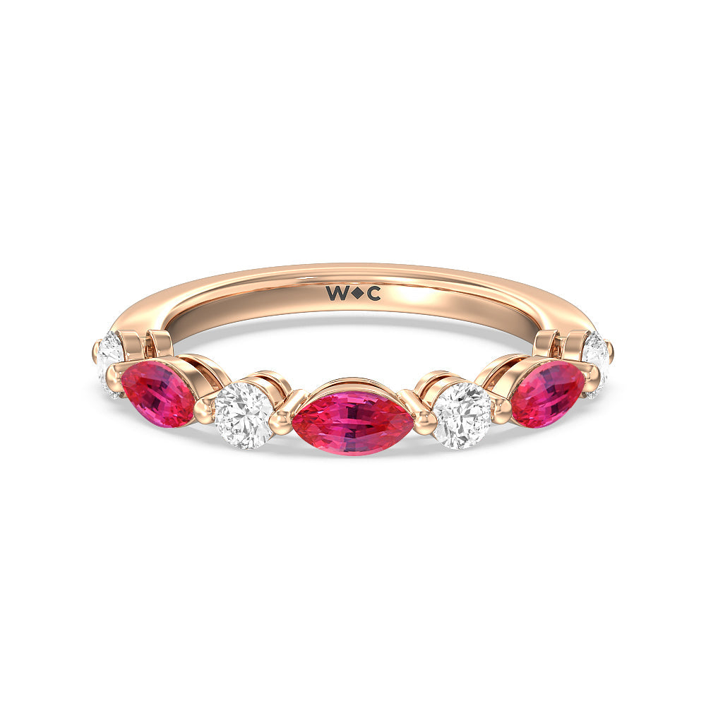 Alternating Created Ruby Marquise and Round Diamond Anniversary Ring with 14KT Rose Gold Cut Diamond in 14KT Rose Gold view 1
