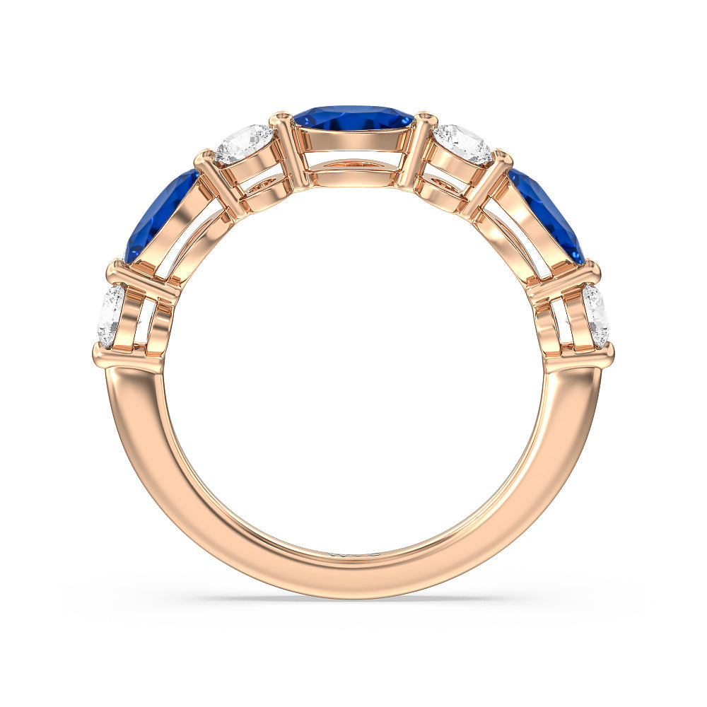 Alternating Created Sapphire Marquise and Round Diamond Anniversary Ring with 14KT Rose Gold Cut Diamond in 14KT Rose Gold view 3
