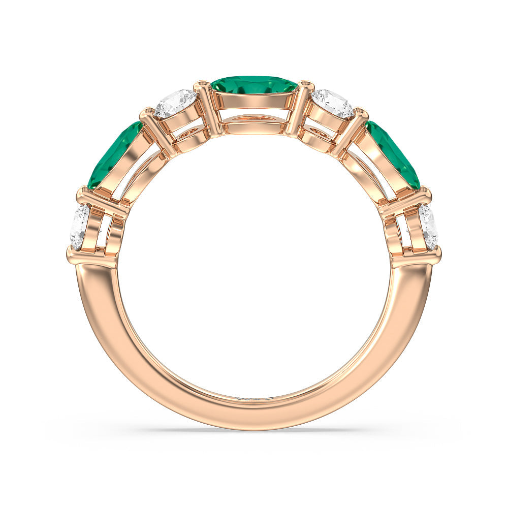 Alternating Created Emerald Marquise and Round Diamond Anniversary Ring with 14KT Rose Gold Cut Diamond in 14KT Rose Gold view 3
