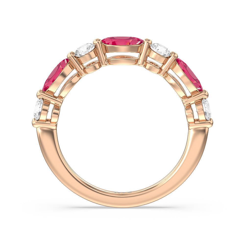 Alternating Created Ruby Marquise and Round Diamond Anniversary Ring with 14KT Rose Gold Cut Diamond in 14KT Rose Gold view 3
