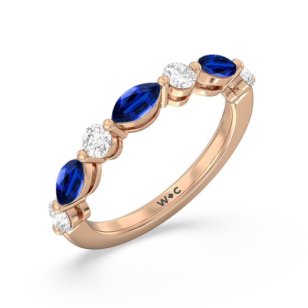 Alternating Created Sapphire Marquise and Round Diamond Anniversary Ring with 14KT Rose Gold Cut Diamond in 14KT Rose Gold view 2
