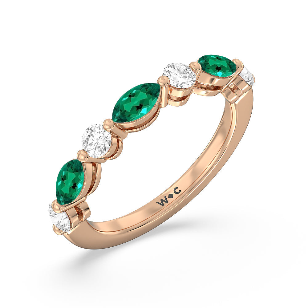 Alternating Created Emerald Marquise and Round Diamond Anniversary Ring with 14KT Rose Gold Cut Diamond in 14KT Rose Gold view 2
