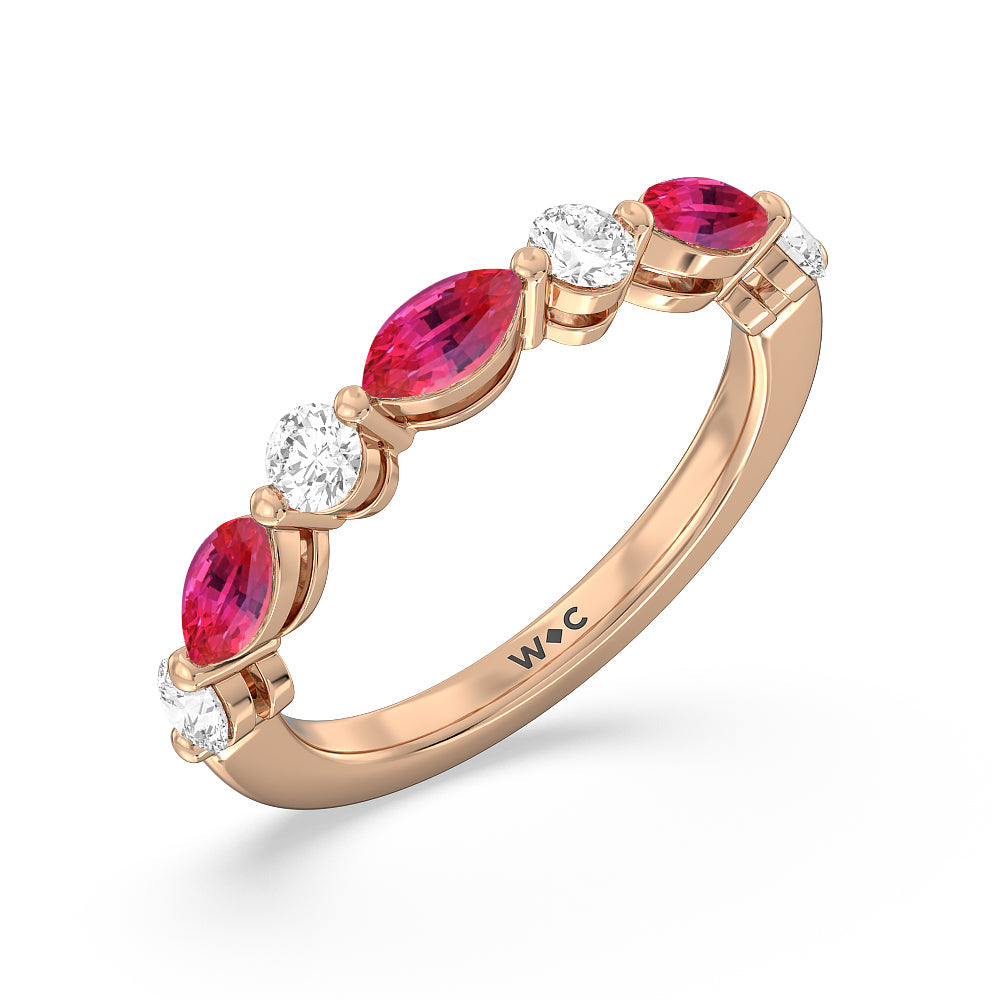 Alternating Created Ruby Marquise and Round Diamond Anniversary Ring with 14KT Rose Gold Cut Diamond in 14KT Rose Gold view 2
