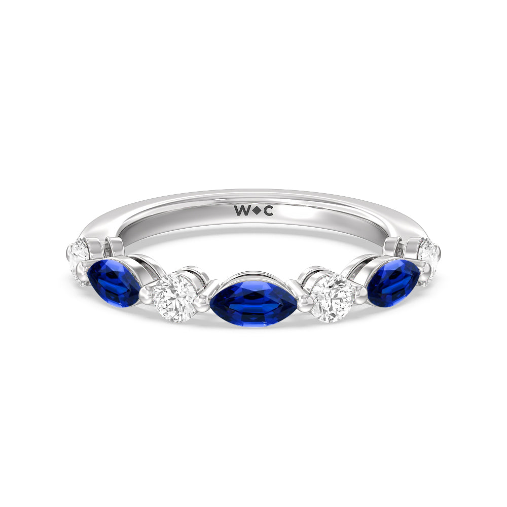 Alternating Created Sapphire Marquise and Round Diamond Anniversary Ring with 14KT White Gold Cut Diamond in 14KT White Gold view 1
