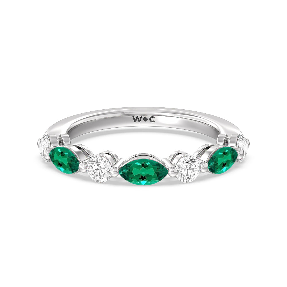 Alternating Created Emerald Marquise and Round Diamond Anniversary Ring with 14KT White Gold Cut Diamond in 14KT White Gold view 1
