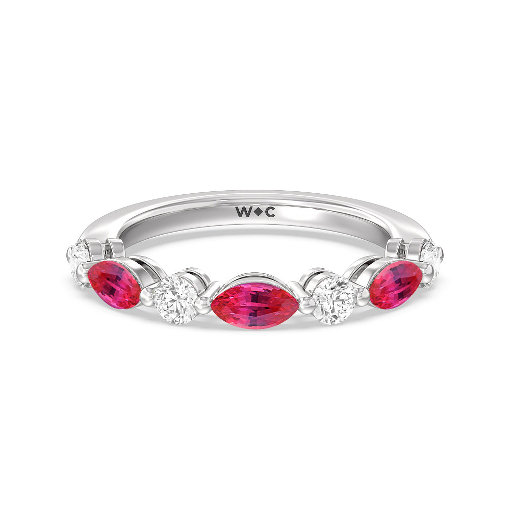 Alternating Created Ruby Marquise and Round Diamond Anniversary Ring with 14KT White Gold Cut Diamond in 14KT White Gold view 1

