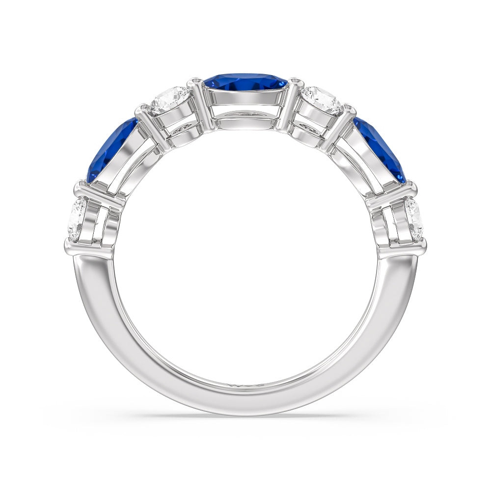 Alternating Created Sapphire Marquise and Round Diamond Anniversary Ring with 14KT White Gold Cut Diamond in 14KT White Gold view 3
