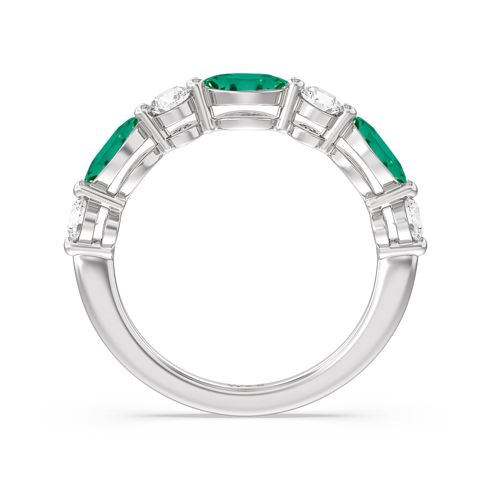Alternating Created Emerald Marquise and Round Diamond Anniversary Ring with 14KT White Gold Cut Diamond in 14KT White Gold view 3
