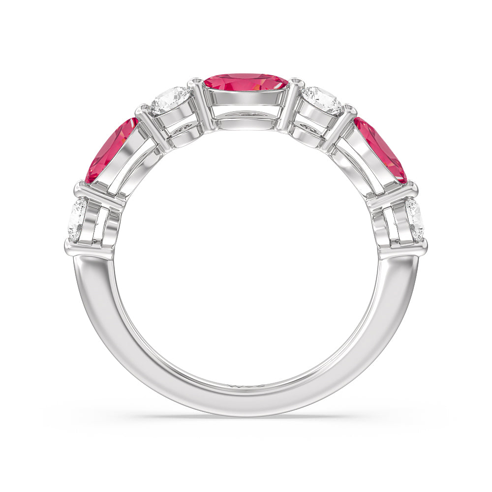 Alternating Created Ruby Marquise and Round Diamond Anniversary Ring with 14KT White Gold Cut Diamond in 14KT White Gold view 3
