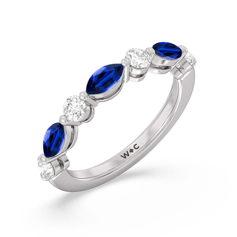 Alternating Created Sapphire Marquise and Round Diamond Anniversary Ring with 14KT White Gold Cut Diamond in 14KT White Gold view 2
