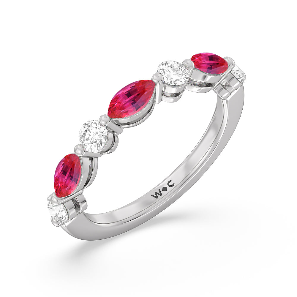 Alternating Created Ruby Marquise and Round Diamond Anniversary Ring with 14KT White Gold Cut Diamond in 14KT White Gold view 2
