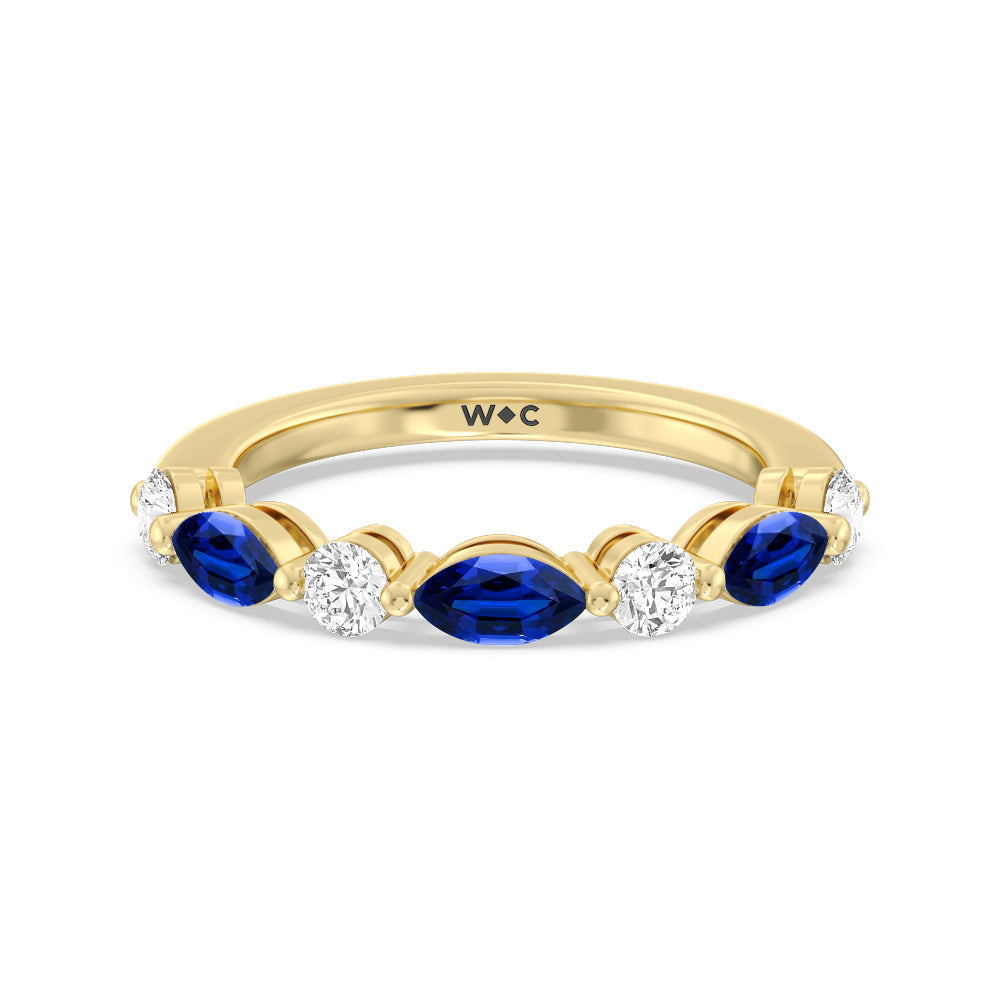 Alternating Created Sapphire Marquise and Round Diamond Anniversary Ring with 14KT Yellow Gold Cut Diamond in 14KT Yellow Gold view 1
