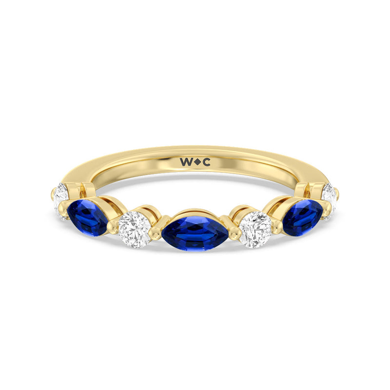 Alternating Created Sapphire Marquise and Round Diamond Anniversary Ring