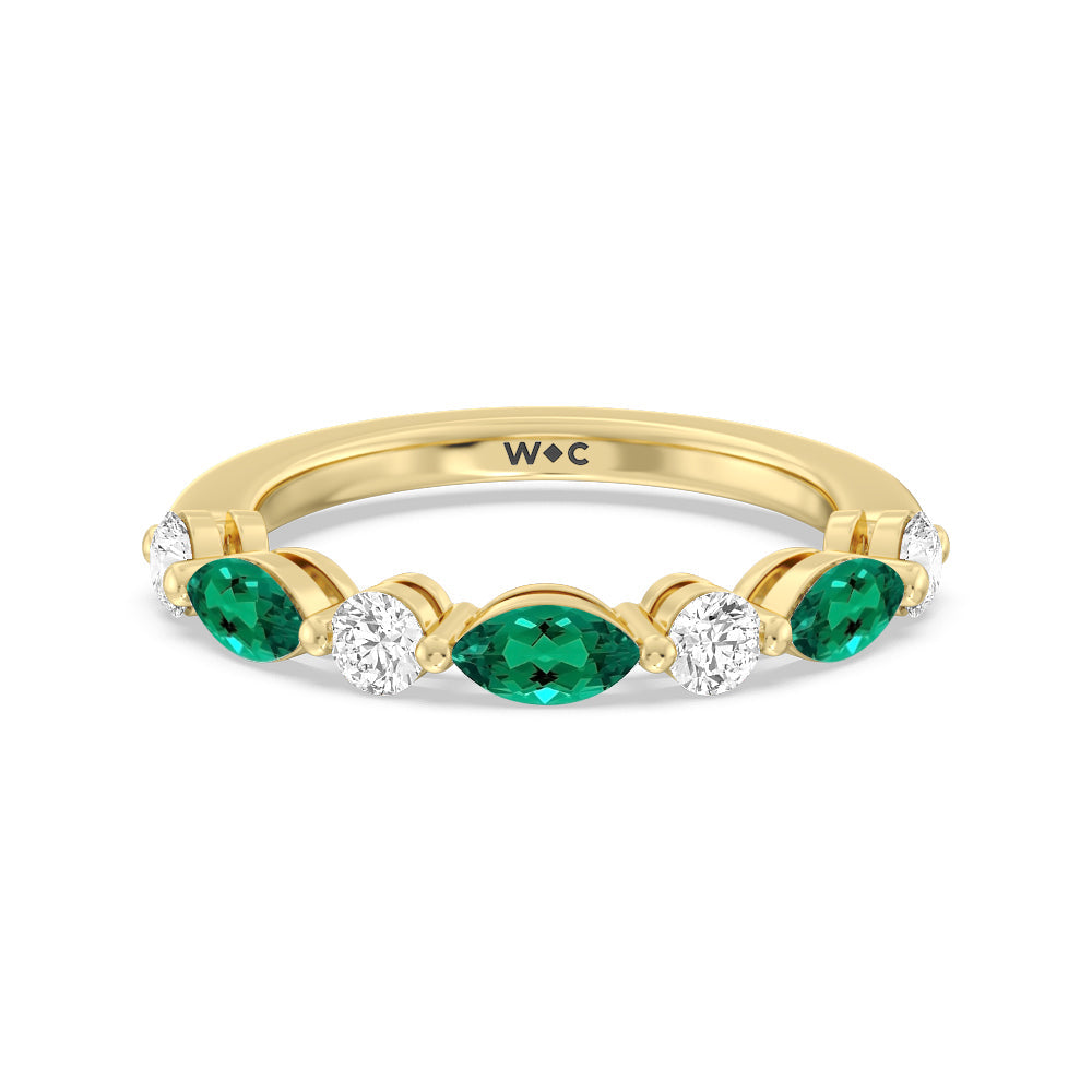 Alternating Created Emerald Marquise and Round Diamond Anniversary Ring with 14KT Yellow Gold Cut Diamond in 14KT Yellow Gold view 1
