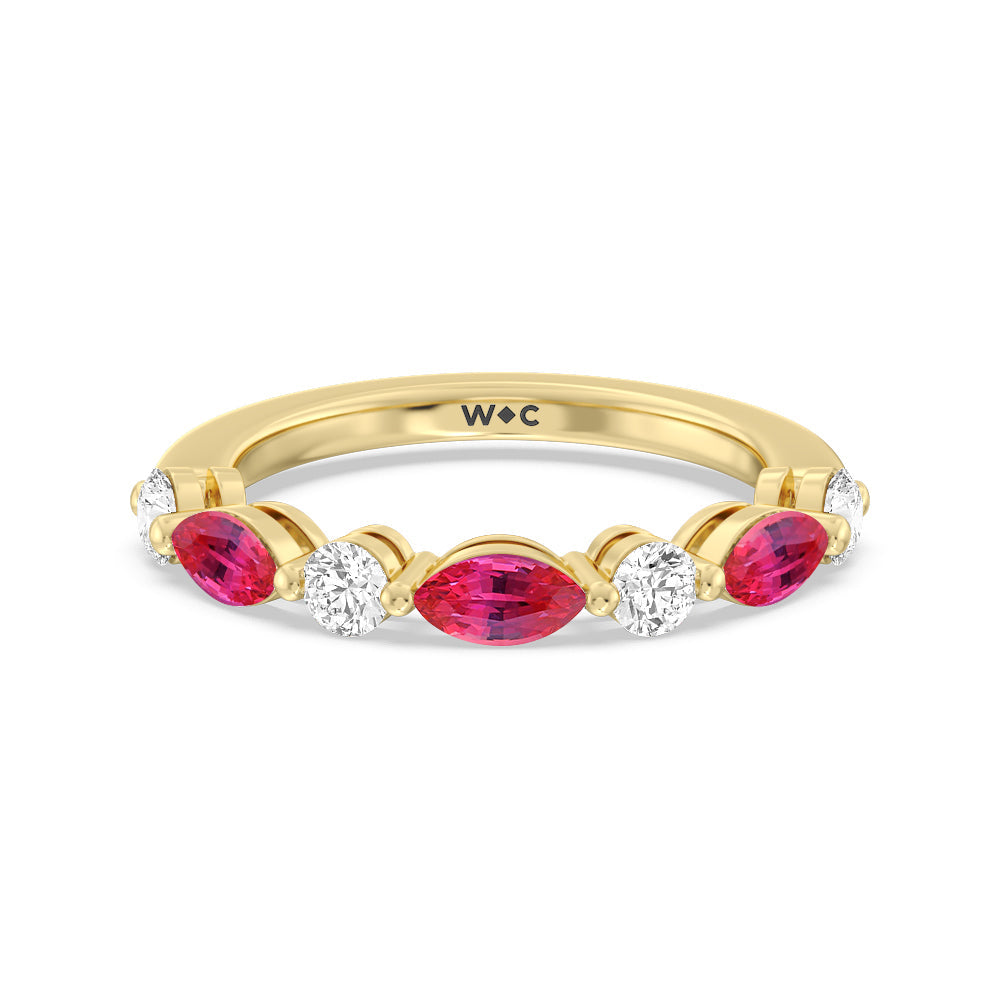 Alternating Created Ruby Marquise and Round Diamond Anniversary Ring with 14KT Yellow Gold Cut Diamond in 14KT Yellow Gold view 1
