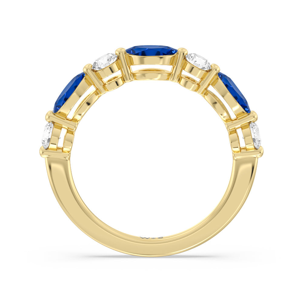Alternating Created Sapphire Marquise and Round Diamond Anniversary Ring with 14KT Yellow Gold Cut Diamond in 14KT Yellow Gold view 3
