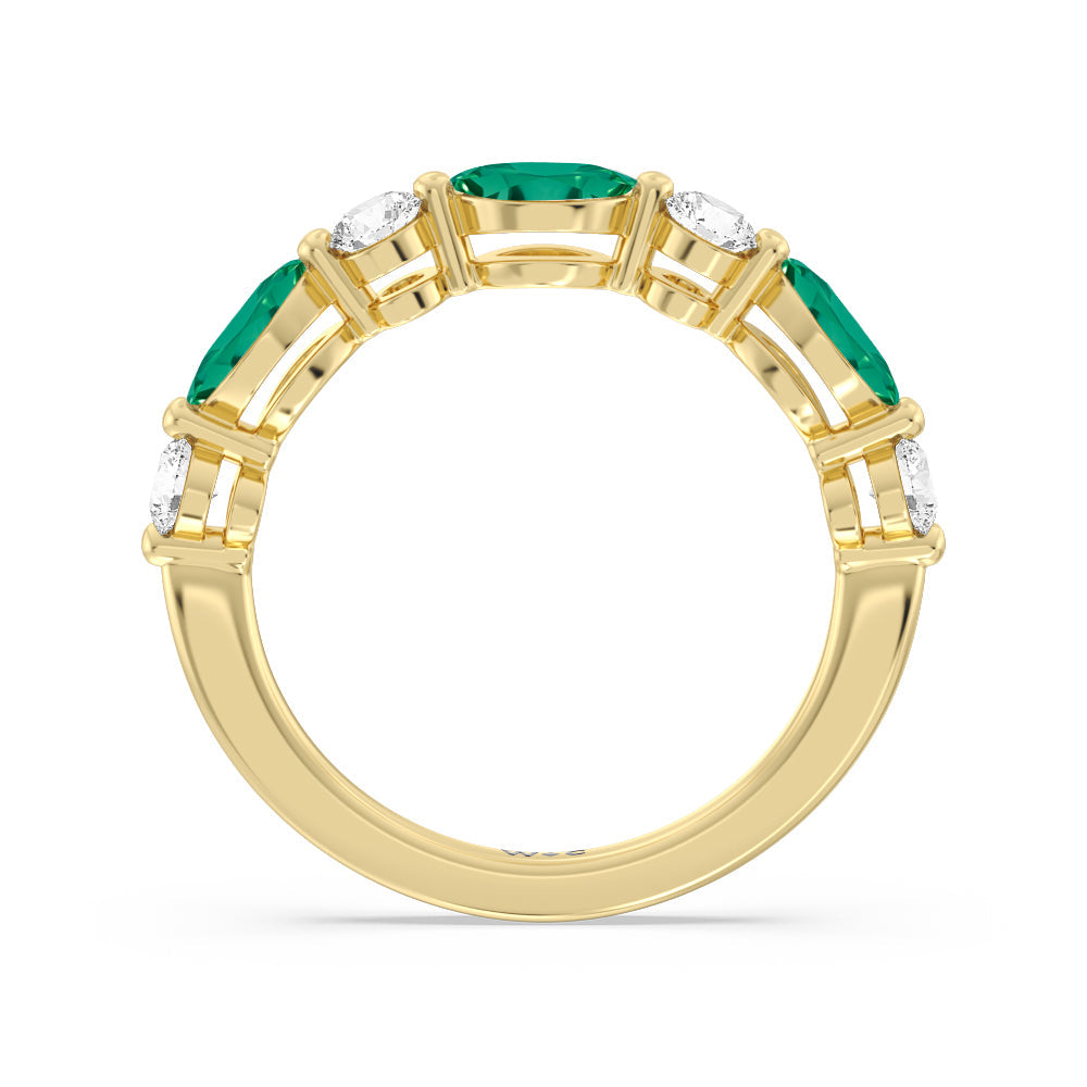 Alternating Created Emerald Marquise and Round Diamond Anniversary Ring with 14KT Yellow Gold Cut Diamond in 14KT Yellow Gold view 3
