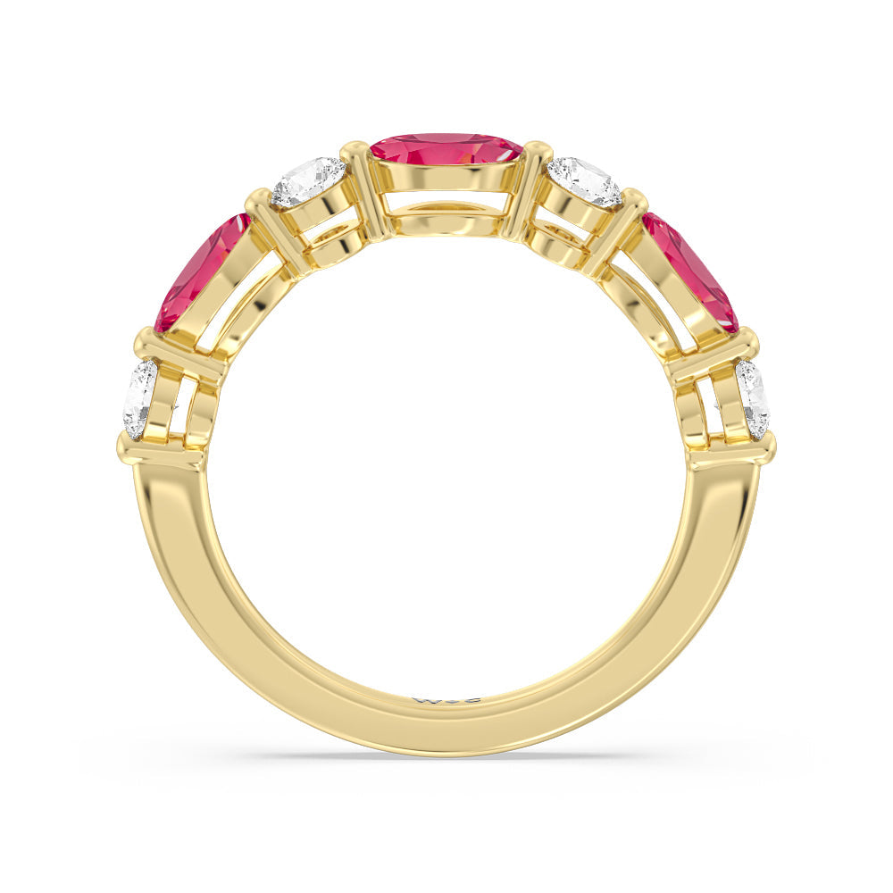 Alternating Created Ruby Marquise and Round Diamond Anniversary Ring with 14KT Yellow Gold Cut Diamond in 14KT Yellow Gold view 3
