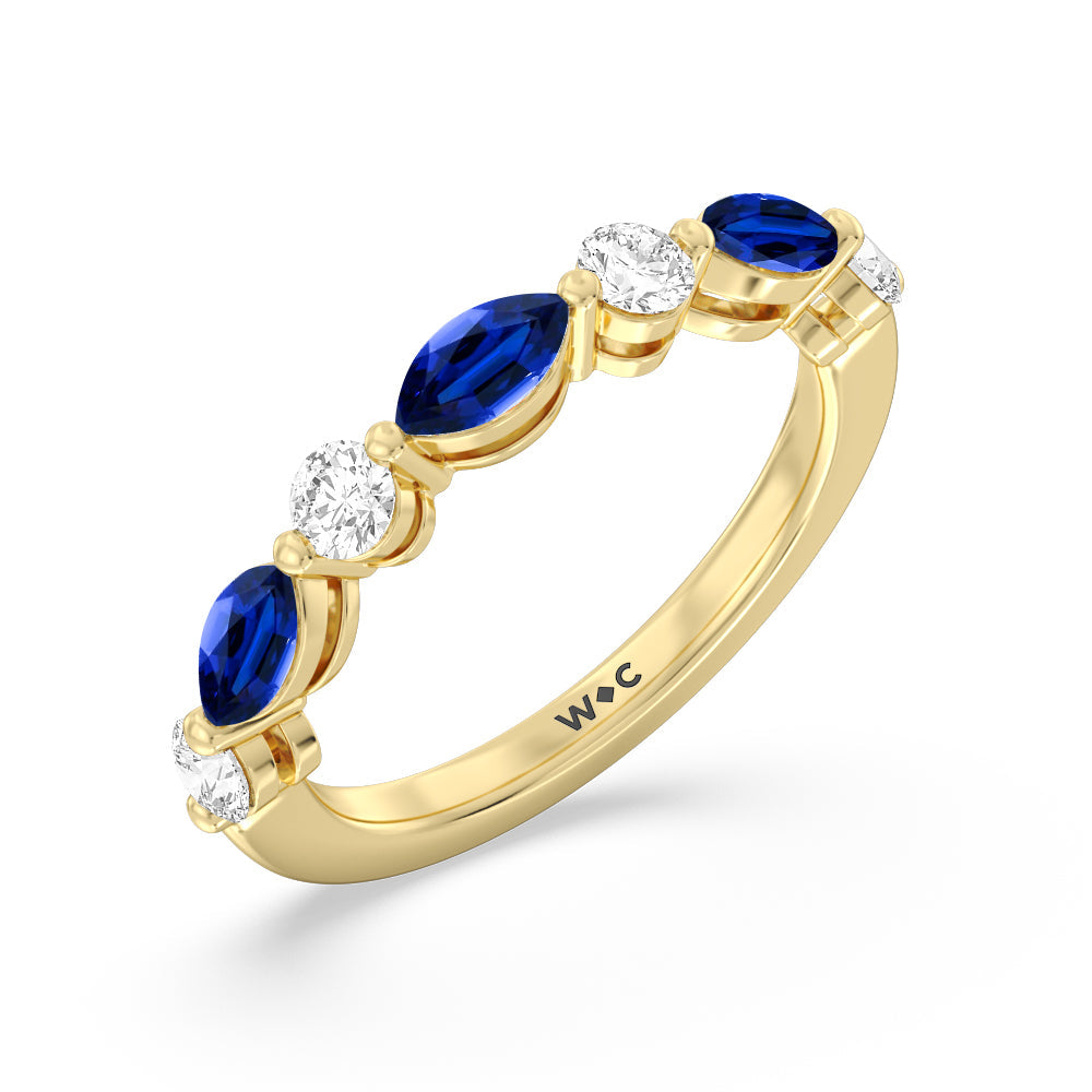 Alternating Created Sapphire Marquise and Round Diamond Anniversary Ring with 14KT Yellow Gold Cut Diamond in 14KT Yellow Gold view 2
