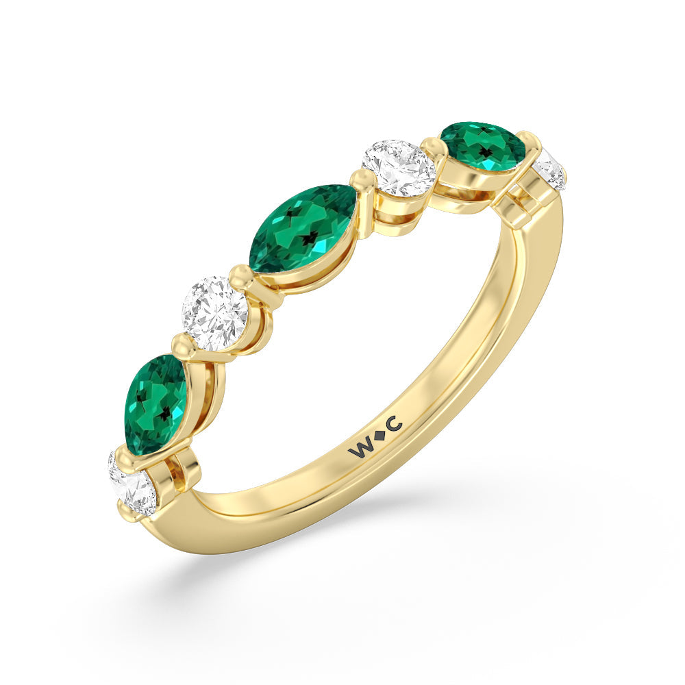 Alternating Created Emerald Marquise and Round Diamond Anniversary Ring with 14KT Yellow Gold Cut Diamond in 14KT Yellow Gold view 2

