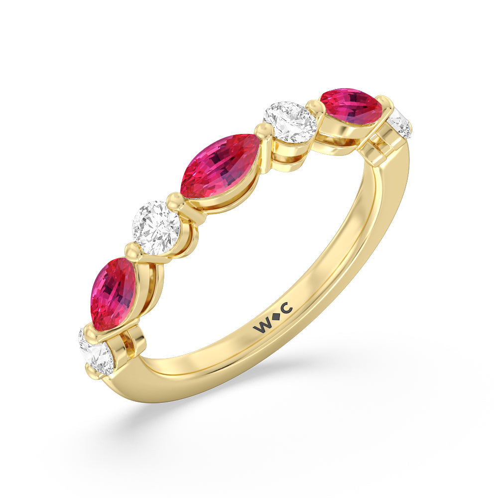 Alternating Created Ruby Marquise and Round Diamond Anniversary Ring with 14KT Yellow Gold Cut Diamond in 14KT Yellow Gold view 2
