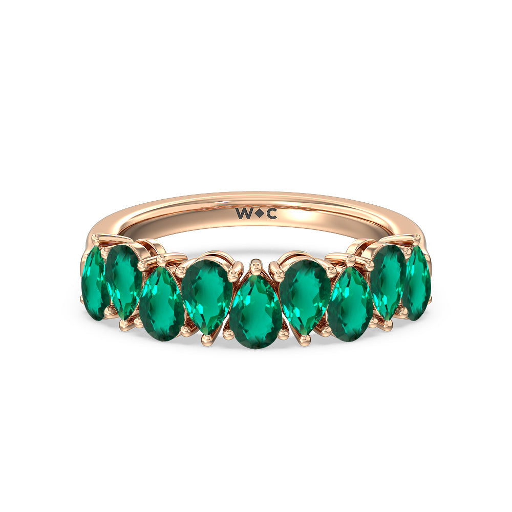North-South Created Emerald Pear Shape Anniversary Ring with 14KT Rose Gold Cut Diamond in 14KT Rose Gold view 1
