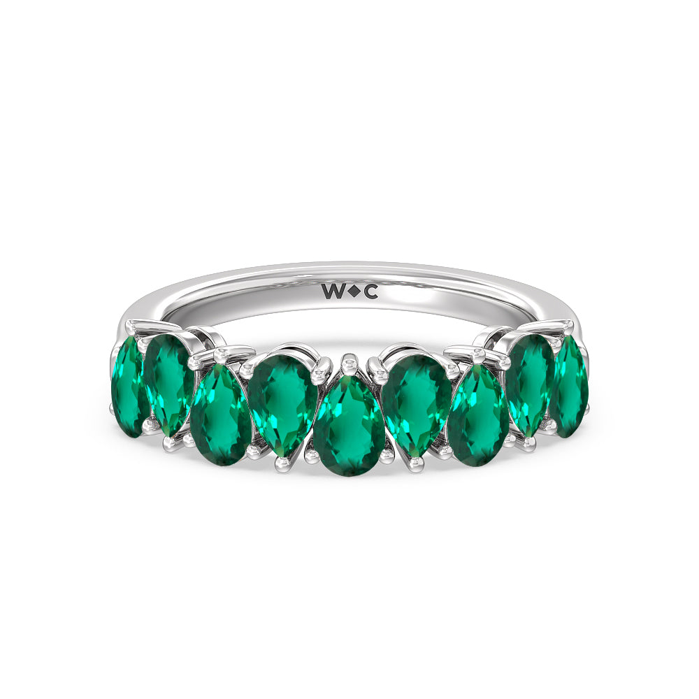 North-South Created Emerald Pear Shape Anniversary Ring with 14KT White Gold Cut Diamond in 14KT White Gold view 1
