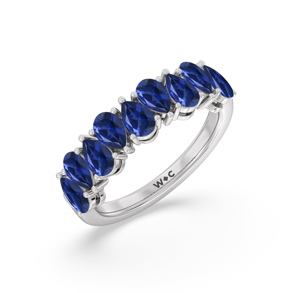 North-South Created Sapphire Pear Anniversary Ring with 14KT White Gold Cut Diamond in 14KT White Gold view 2
