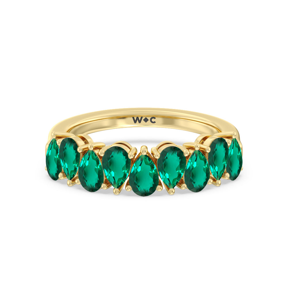North-South Created Emerald Pear Shape Anniversary Ring with 14KT Yellow Gold Cut Diamond in 14KT Yellow Gold view 1

