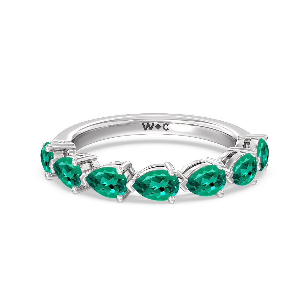 Trailing Created Emerald Pear Shape Anniversary Ring with 14KT White Gold Cut Diamond in 14KT White Gold view 1
