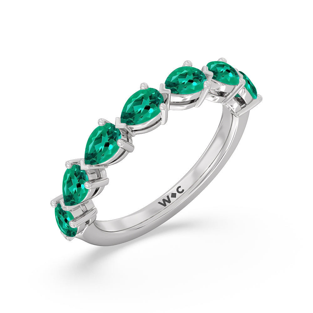 Trailing Created Emerald Pear Shape Anniversary Ring with 14KT White Gold Cut Diamond in 14KT White Gold view 2
