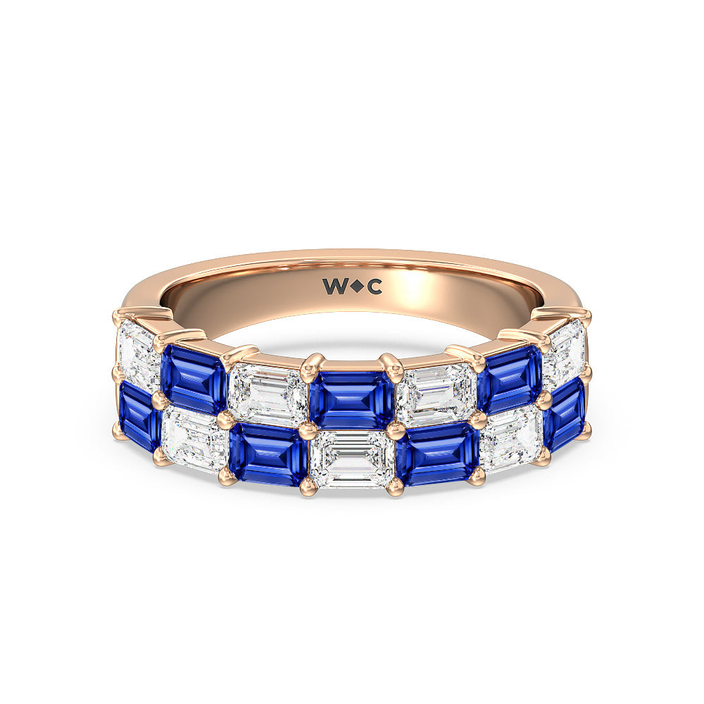 Two Row Alternate Created Sapphire and Emerald Diamond East-West Anniversary Ring with 14KT Rose Gold Cut Diamond in 14KT Rose Gold view 1
