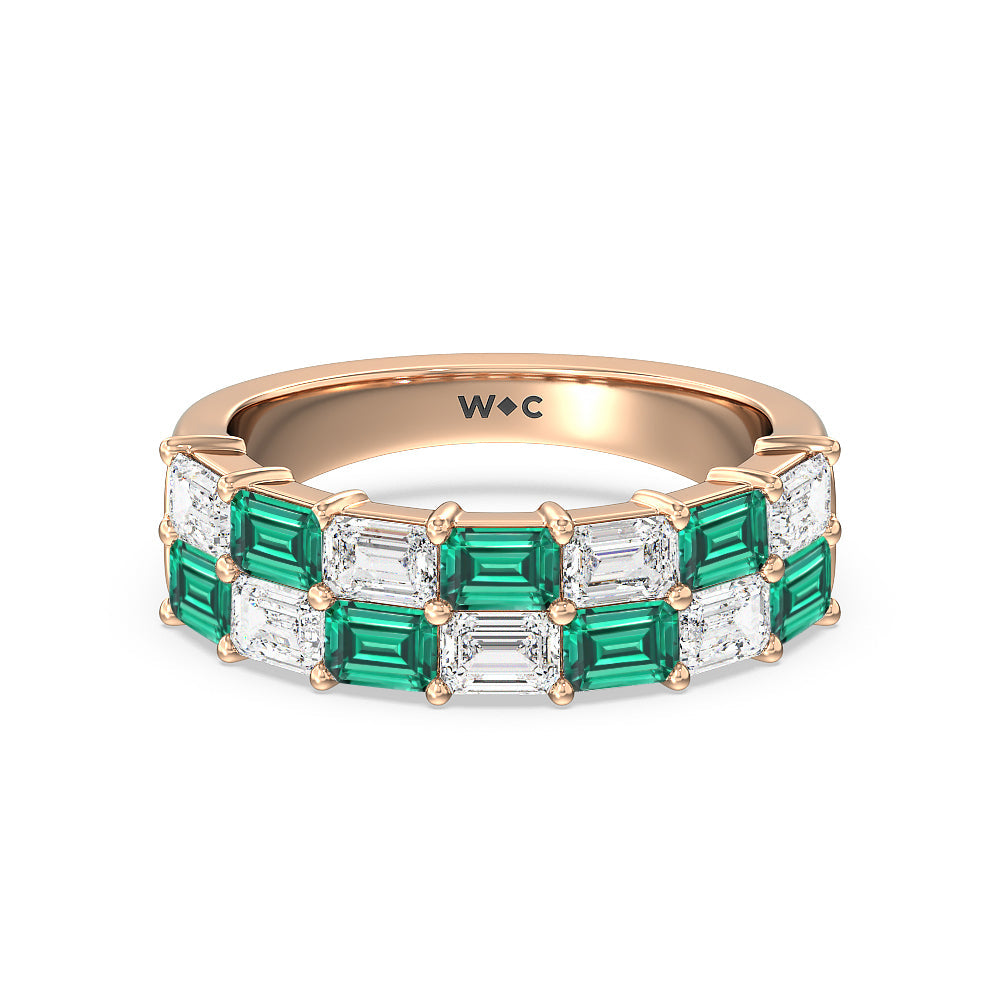 Two Row Alternate Created Emerald and Emerald Shape Diamond East-West Anniversary Ring with 14KT Rose Gold Cut Diamond in 14KT Rose Gold view 1
