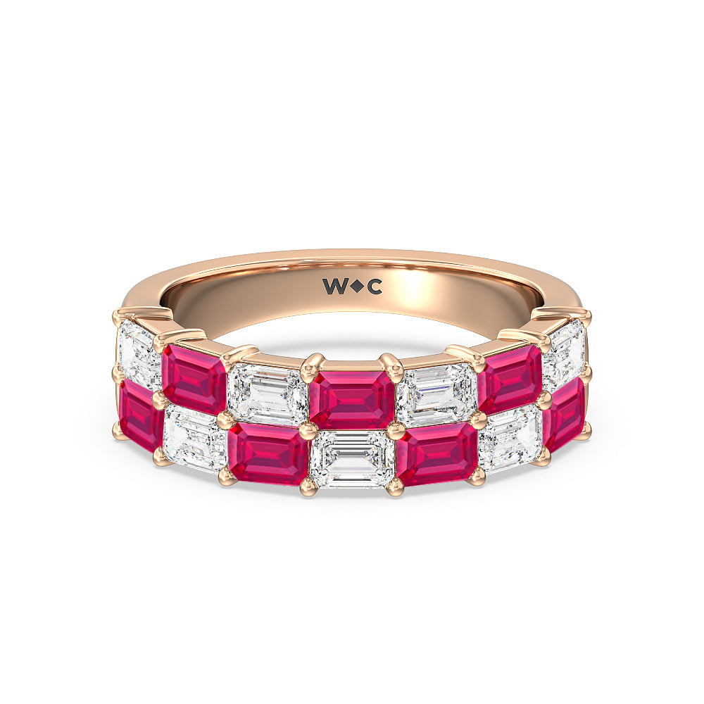 Two Row Alternate Created Ruby and Emerald Diamond East-West Anniversary Ring with 14KT Rose Gold Cut Diamond in 14KT Rose Gold view 1
